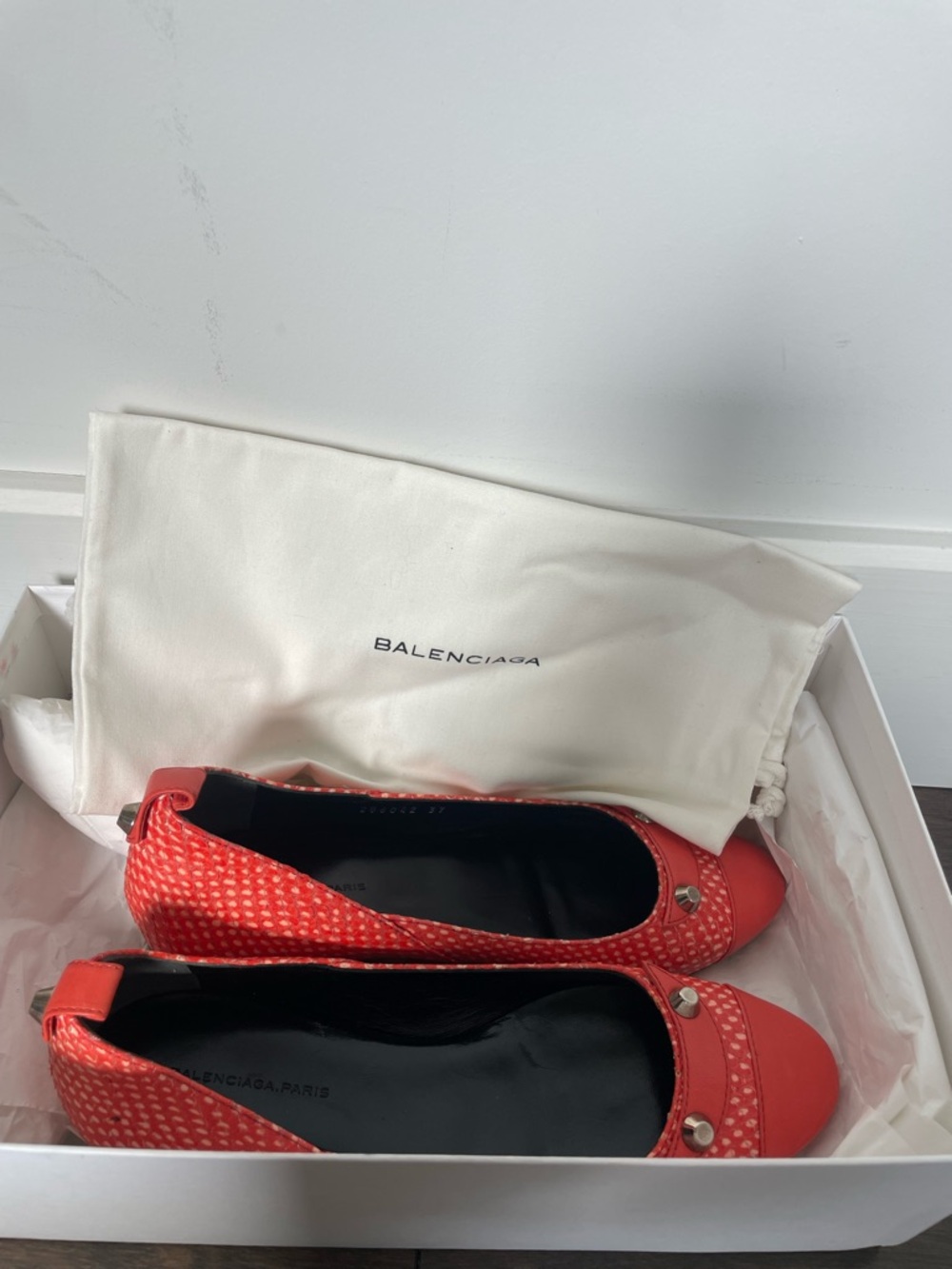 Balenciaga Red Textured Studded Ballet Flats